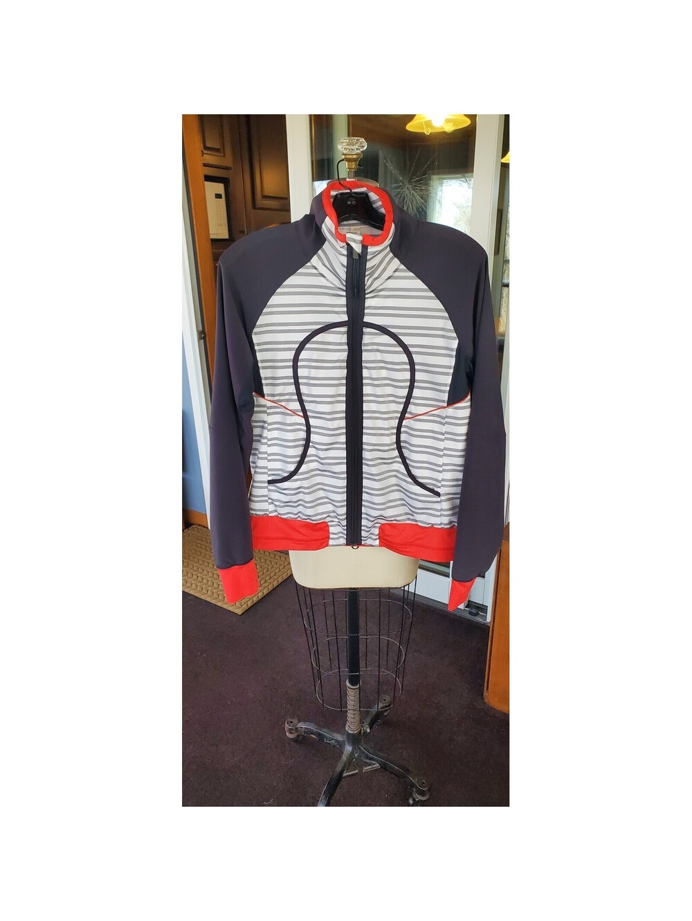 Lululemon Athletica Women Striped Full Zip Track Jacket Black White Red Size 6